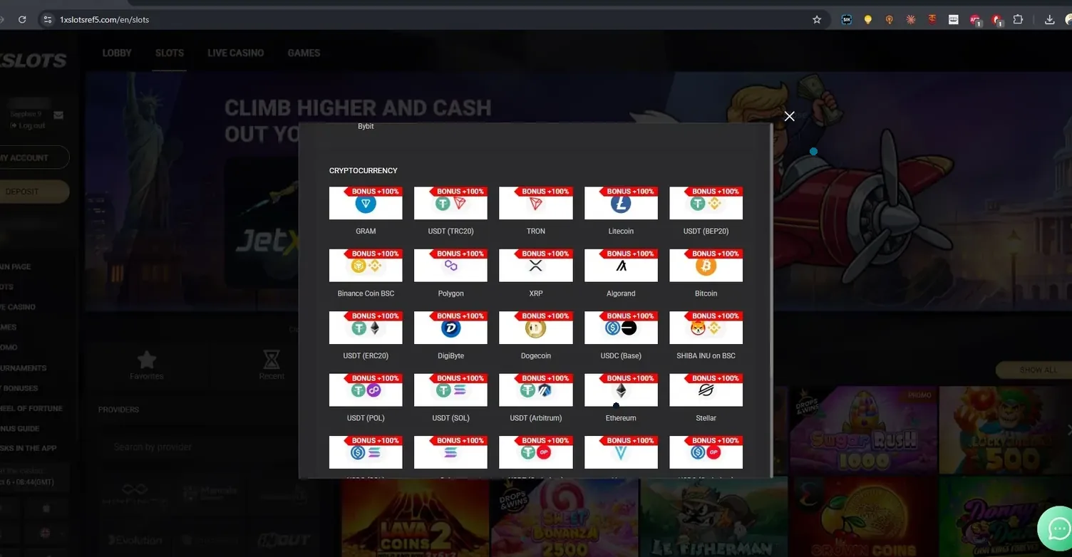 Пополнение криптовалютой в кассе 1xSlots