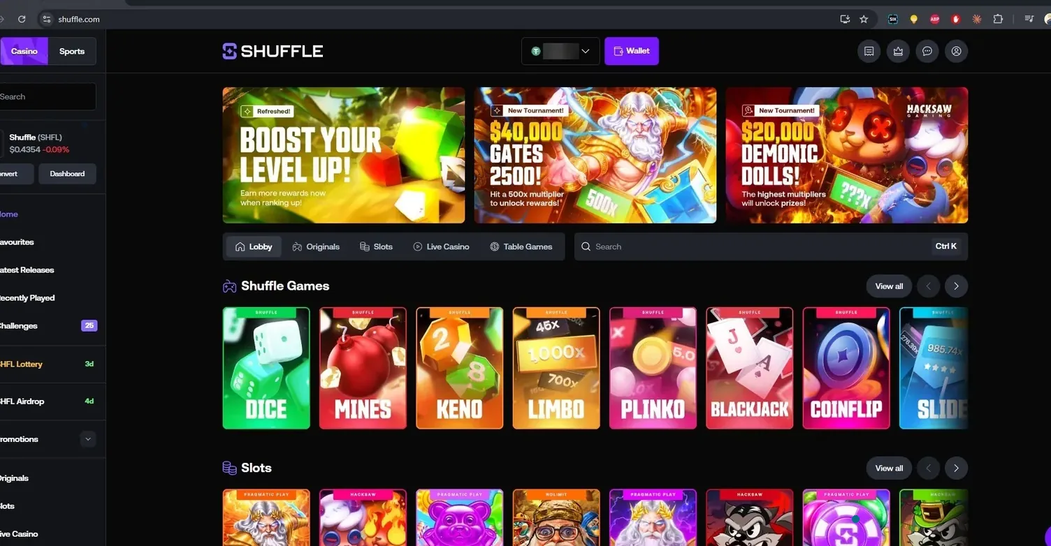 Лобби Shuffle: свои игры Dice, Mines и Plinko