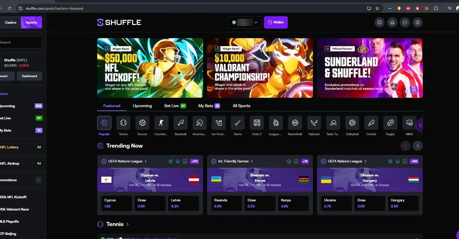 Раздел ставок на спорт Shuffle