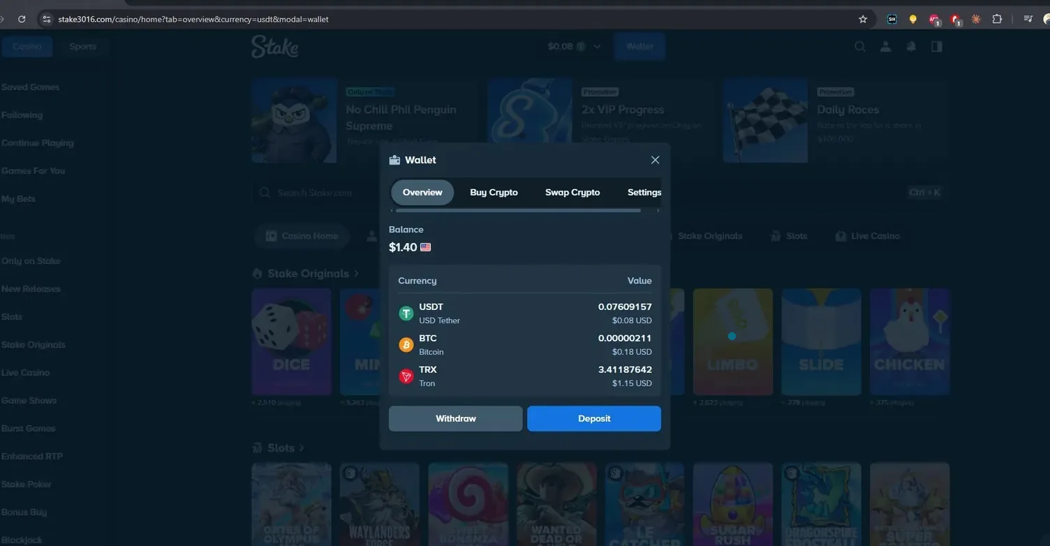 Кошелёк Stake с балансом в разных криптовалютах
